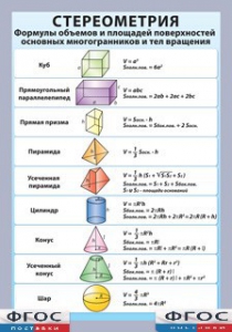 Таблица "Стереометрия. Формулы объемов и площадей поверхностей основных многогранников и тел вращения" (винил) - fgospostavki.ru - Норильск